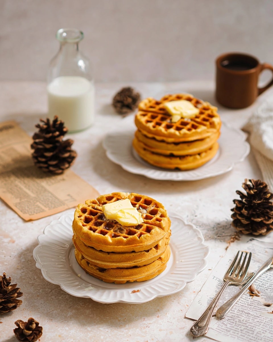 The image shows two stacks of six golden brown waffles each, placed on white scalloped plates. Each stack has a square of butter melting on the top waffle. The waffles have a textured grid pattern and a warm, crispy look. There is a brown cup on the left and a clear glass bottle filled with white milk in the background, all set on a light surface with a white marbled texture. Two pine cones and two vintage silver forks are positioned around the plates, along with some torn printed recipe pages adding a rustic feel. Photo taken with an iphone --ar 4:5 --v 7