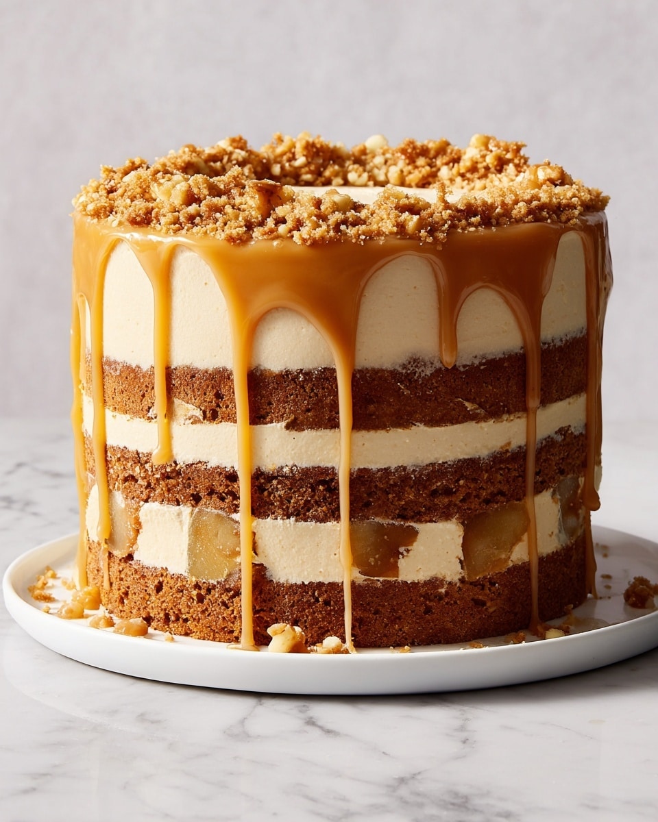 A three-layered round cake stands on a white plate atop a white marbled surface. Each cake layer is brown with a soft, crumbly texture, separated by two thick layers of light caramel cream mixed with chunks of apple. The outside of the cake is covered in smooth, pale cream frosting. Golden caramel sauce drips down the sides unevenly, adding a shiny, sticky effect. The cake’s top is sprinkled with a crumbly, light brown topping. Photo taken with an iphone --ar 4:5 --v 7