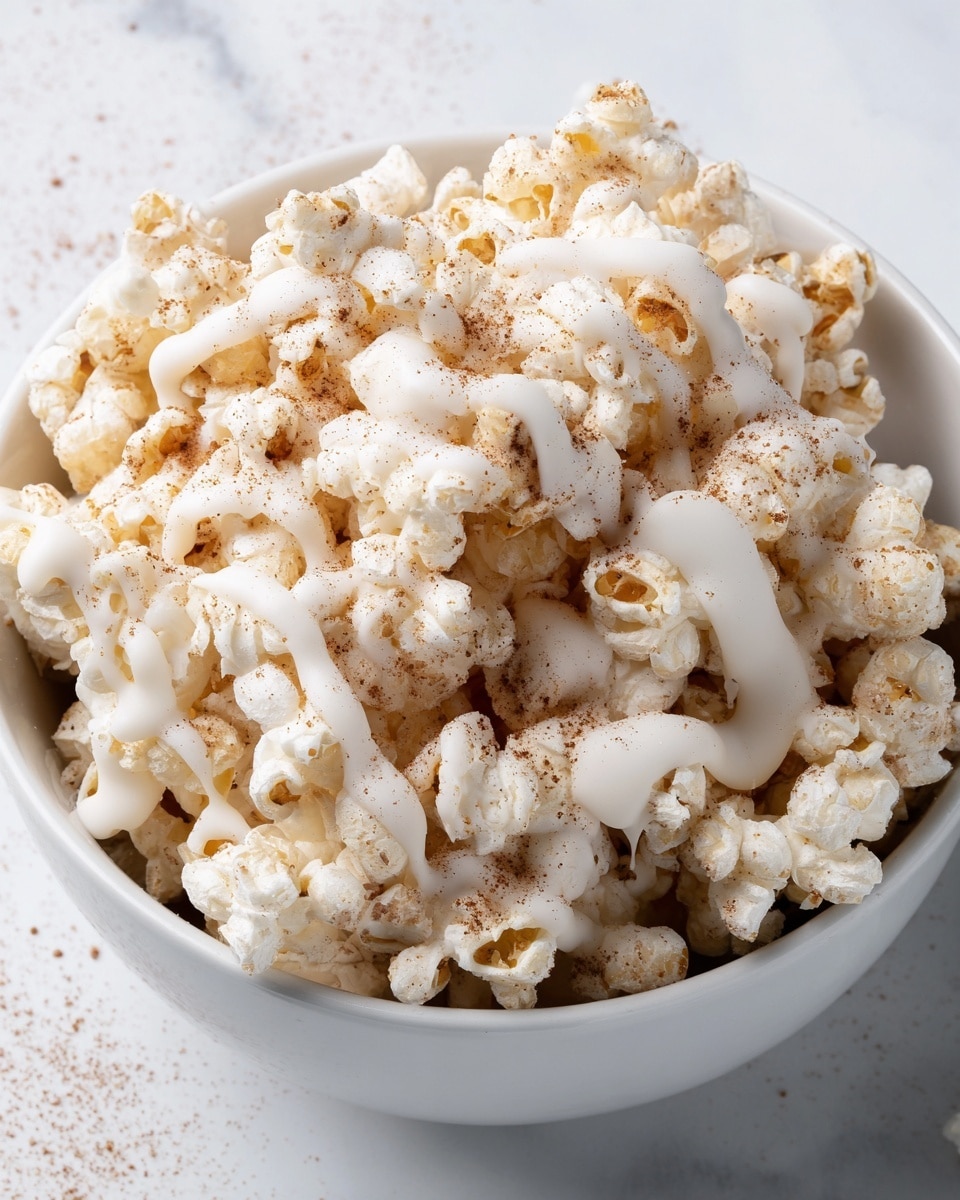 The image shows a close-up of popcorn covered in light caramel, with thin white chocolate drizzles evenly spread on top. The popcorn pieces are shiny and golden brown, sitting on white parchment paper on a white marbled surface. The caramel layer looks smooth and glossy, while the white chocolate drizzle adds a fine, creamy texture over the top. Photo taken with an iphone --ar 4:5 --v 7