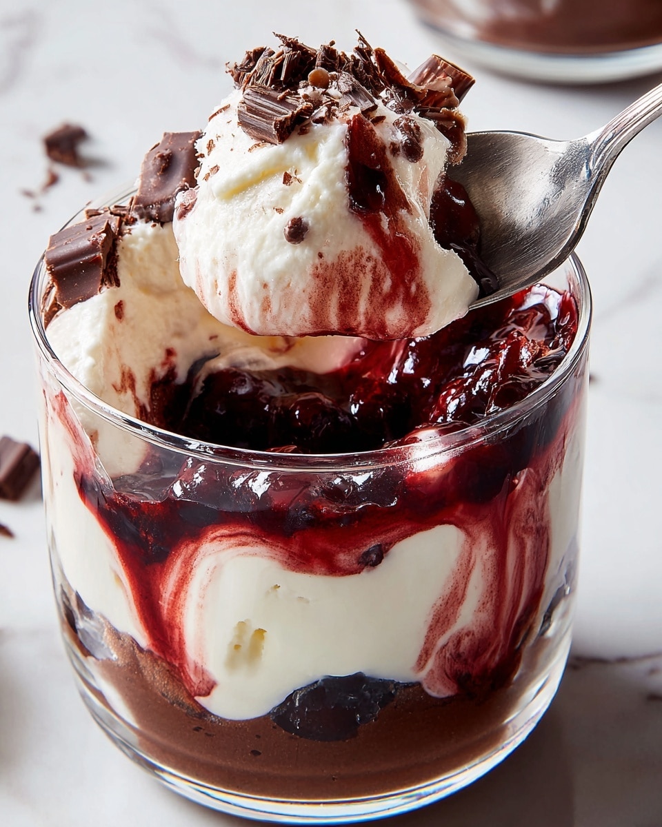 The image shows a clear glass cup filled with six layers of dessert. The bottom layer is dark brown cake pieces, followed by a white creamy layer mixed with red berry sauce. Above that is a thick layer of smooth chocolate mousse, then another layer of dark brown cake chunks. On top of the cake chunks is a thick white cream layer, then a dark red berry sauce layer. The cup is topped with a thick white cream and small chocolate curls. The background is a white marbled texture, with a silver spoon lying in front of the cup. Photo taken with an iphone --ar 4:5 --v 7