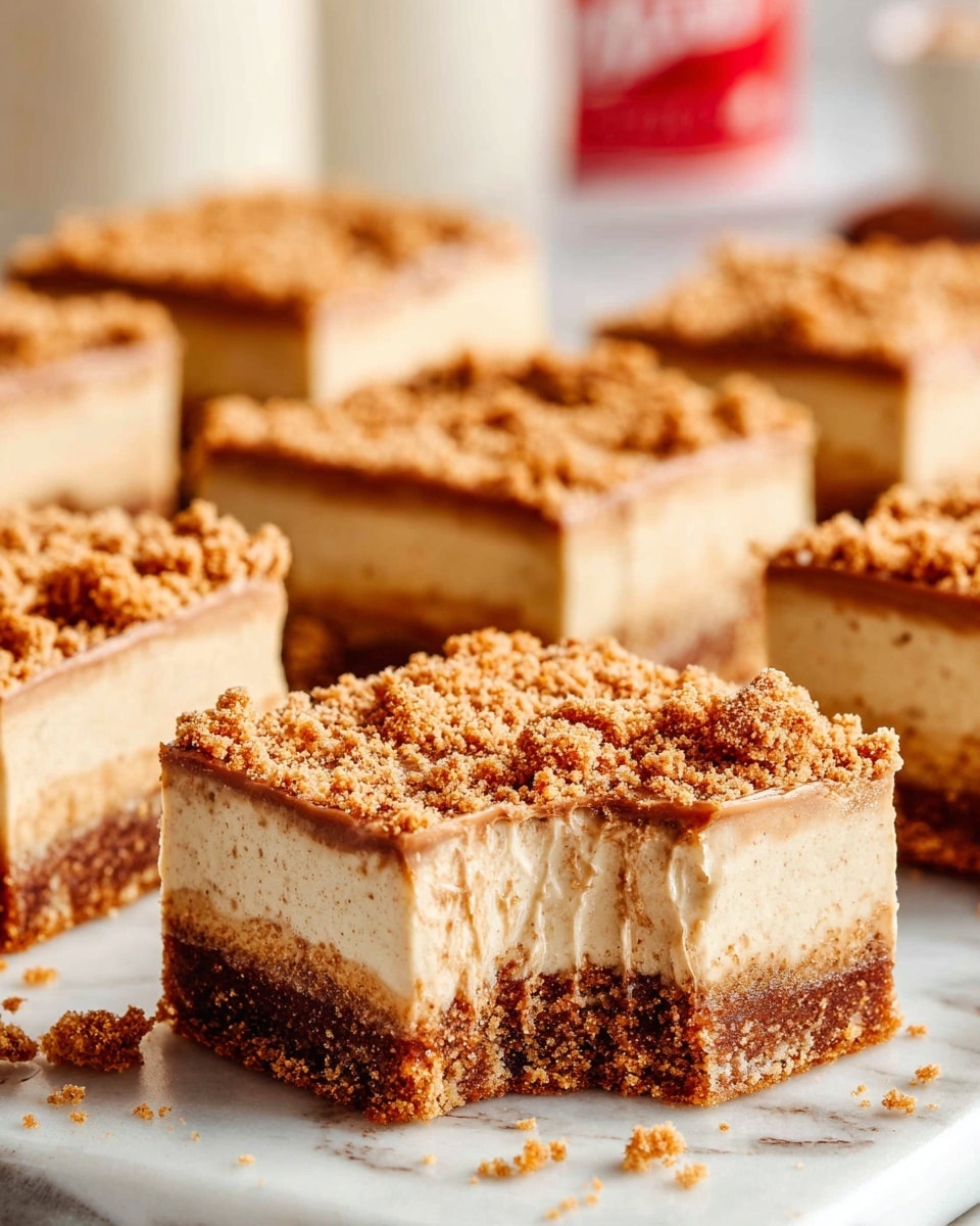 The image shows twelve square dessert bars arranged closely on a white marbled surface. Each bar has two layers: a thick, light golden brown cake base and a shiny, golden caramel-like glaze on top. The glaze is smooth and slightly drips down the sides of some bars. Crushed cookie crumbs are scattered unevenly over the caramel layer, adding texture and a darker brown contrast to the top. The dessert appears moist and soft with a clean cut, and the overall color palette is warm with shades of tan, caramel, and light brown photo taken with an iphone --ar 4:5 --v 7