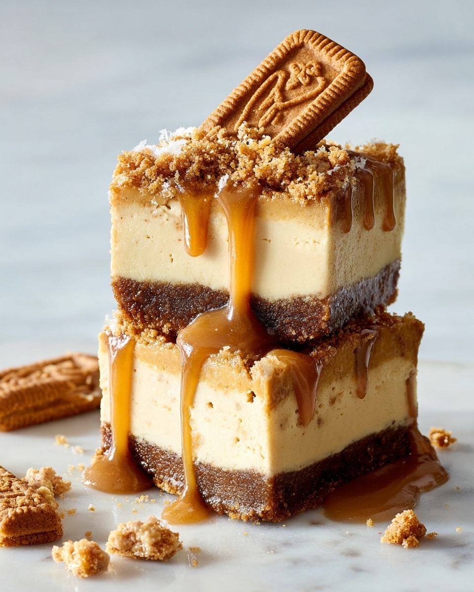 The image shows square dessert bars arranged closely together on a white marbled surface. Each bar has three visible layers: the bottom layer is a crumbly, dark brown crust; the middle layer is a thick, light beige creamy filling with a smooth texture; the top layer is a slightly darker beige frosting with a smooth and thick texture, sprinkled generously with crushed crumbs matching the crust's color. One bar in the front has a bite taken out, showing the inside clearly with the creamy middle layer and crumbly crust. The background is softly blurred, emphasizing the dessert bars. Photo taken with an iphone --ar 4:5 --v 7