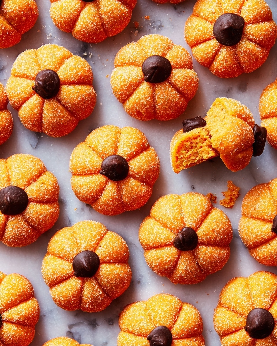 The image shows a small pumpkin-shaped dessert with a rough texture, covered in large orange sugar crystals that sparkle in the light. It has eight distinct deep curved ridges running from top to base, giving it a round pumpkin look. At the top center, there is a small dark brown dollop that looks like chocolate or frosting, serving as the pumpkin stem. The dessert sits alone on a flat white marbled surface with a soft shadow at its base, and a plain light grey-blue background. photo taken with an iphone --ar 4:5 --v 7