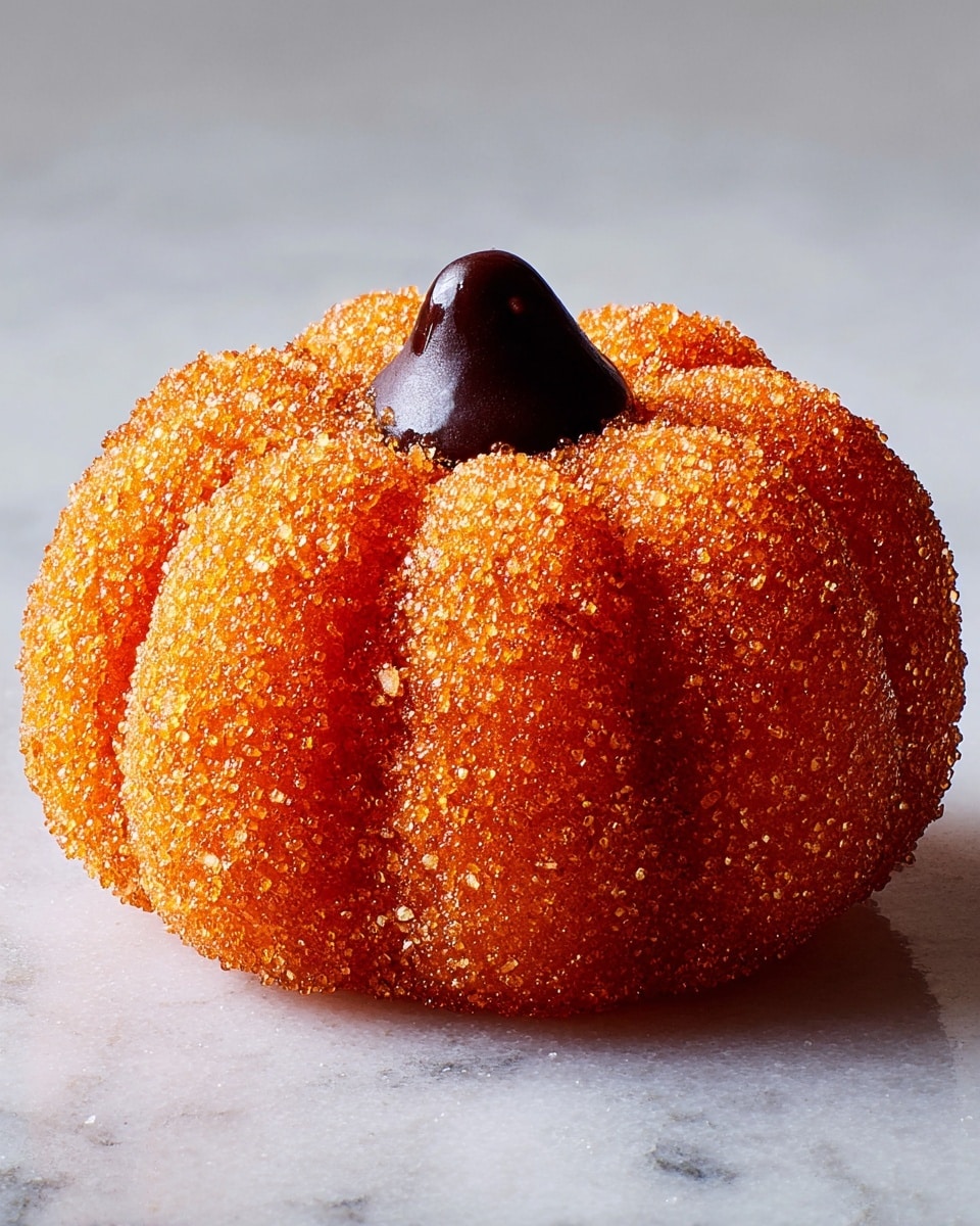 The image shows many small pumpkin-shaped cookies with a bright orange color and a sugar-coated texture on the outside. Each cookie has six deep lines radiating from a small, dark chocolate chip placed in the middle on top. One cookie is broken open to show a soft, light orange inside with a chocolate chip near the edge. The cookies are placed on a white marbled surface, scattered loosely without any plate. Photo taken with an iphone --ar 4:5 --v 7