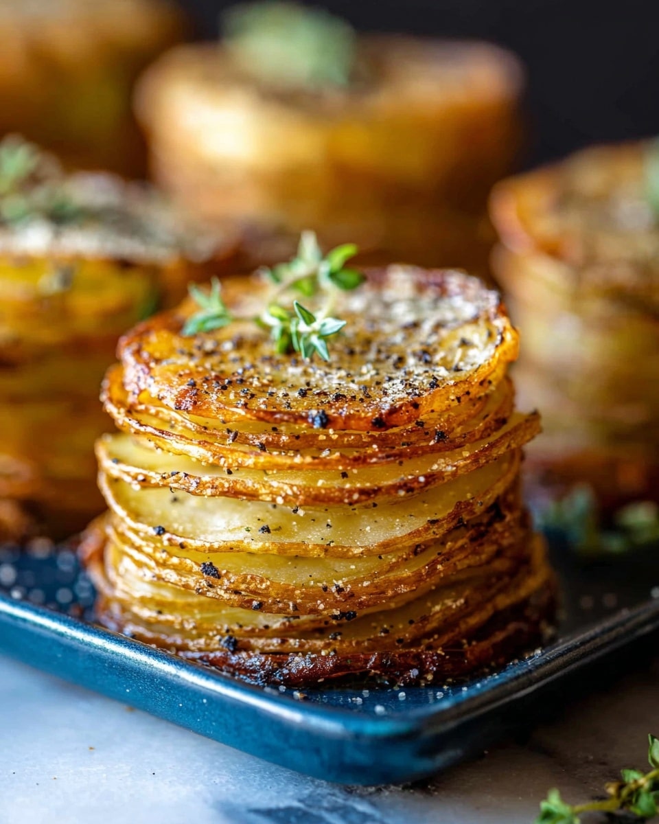 The image shows a close-up view of a small stack of crispy potato slices cooked together in a round shape, like a mini tower. Each stack has many thin layers of golden brown potato with crispy edges, and the layers have a slightly curled texture. Small green herbs are placed on top for garnish, adding a fresh touch. The stacks sit on a dark blue tray with a white marbled texture background, and there are grains of coarse salt scattered nearby. The lighting highlights the golden crispiness and texture of the potato layers. Photo taken with an iphone --ar 4:5 --v 7