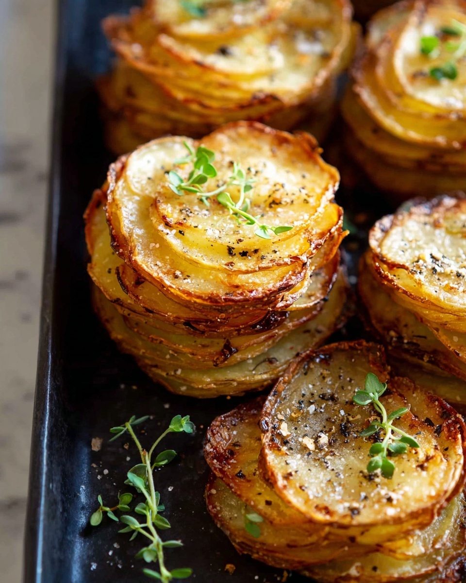 The image shows several stacks of thin, golden-brown potato slices carefully layered in about 10 to 15 layers each, arranged closely on a dark tray. Each stack has a crispy, slightly browned texture on the edges and is topped with small green herb leaves, likely thyme, along with a light sprinkle of coarse salt and black pepper. The potato layers have a shiny, roasted look with visible seasoning, giving a warm and appetizing feel. The background surface is a white marbled texture. photo taken with an iphone --ar 4:5 --v 7