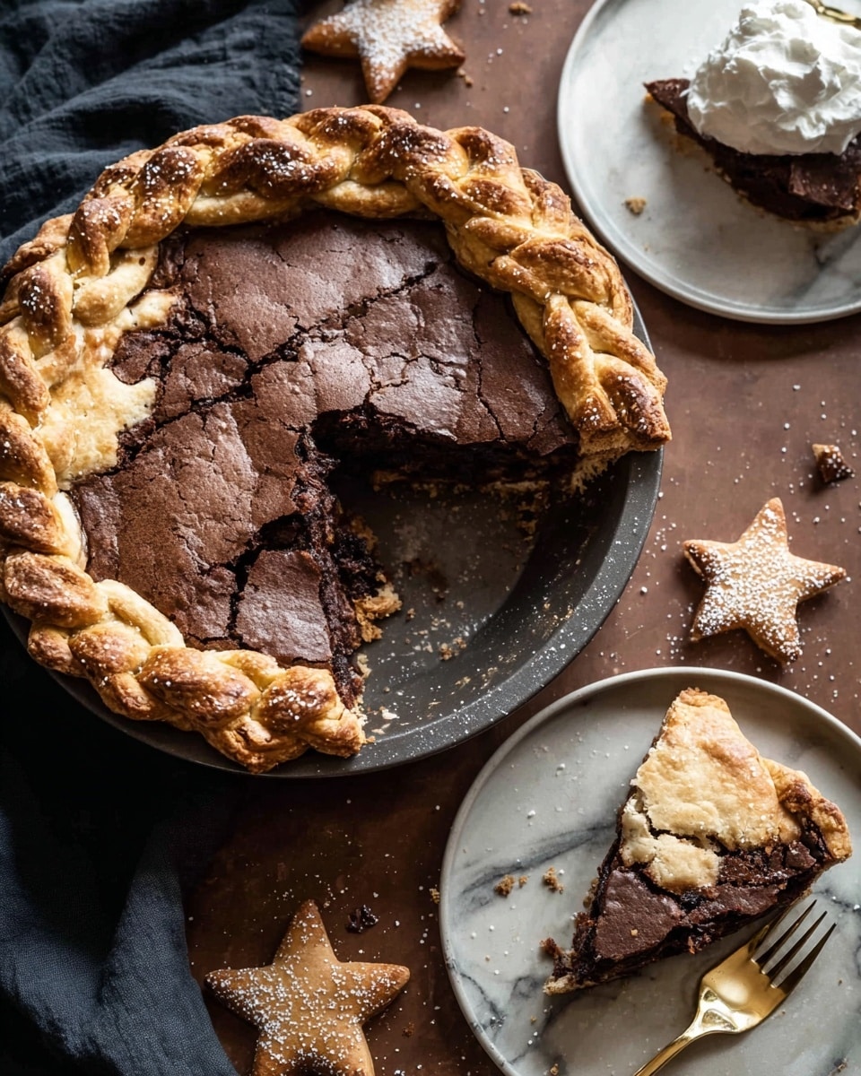 A round pie with a thick, dark brown filling that looks soft and slightly bumpy on top sits in the center. The pie crust edge is braided with a golden brown color, and it is dusted with sugar, giving it a lightly sparkling look. Next to the pie on the right are three small star-shaped cookies covered with powdered sugar. On the left side, there are three silver spoons stacked next to each other. Above the pie is a clear glass cup filled with dark liquid, possibly tea, and in the upper right corner, there is a dark gray cloth with soft folds. The whole scene is on a white marbled surface. Photo taken with an iphone --ar 4:5 --v 7