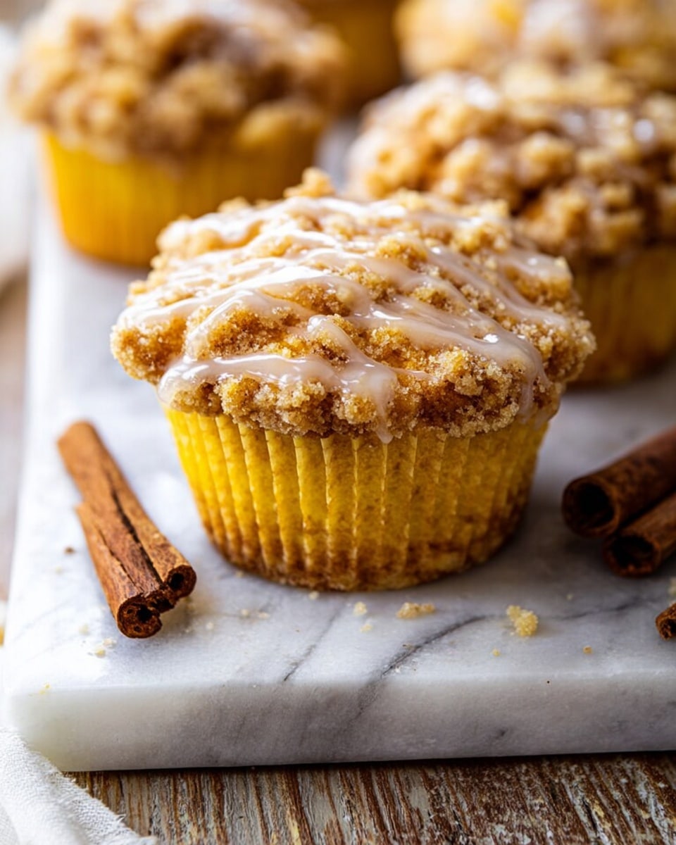 The image shows three muffins with crumbly, golden brown topping that looks crispy and slightly sticky with a glaze. Each muffin has a light yellow base with a textured top layer of crumbs and syrup dripping slightly around them. They are placed on a white marbled board with two brown cinnamon sticks near the front muffin. The scene background is blurred with a rustic wooden surface faintly visible around the edges. Photo taken with an iphone --ar 4:5 --v 7