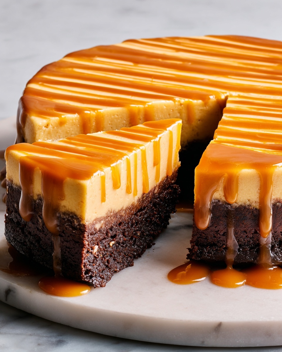 A close-up of a round dessert with two clear layers on a white marble surface: the bottom layer is dark brown, dense, and looks like chocolate cake, while the top layer is thick, smooth, and pumpkin orange, resembling a mousse or cheesecake. The top surface of the orange layer has glossy caramel stripes running across it horizontally, and caramel sauce drips slightly down the sides. One slice is separated but still close to the main cake, showing the layers clearly. Photo taken with an iphone --ar 4:5 --v 7