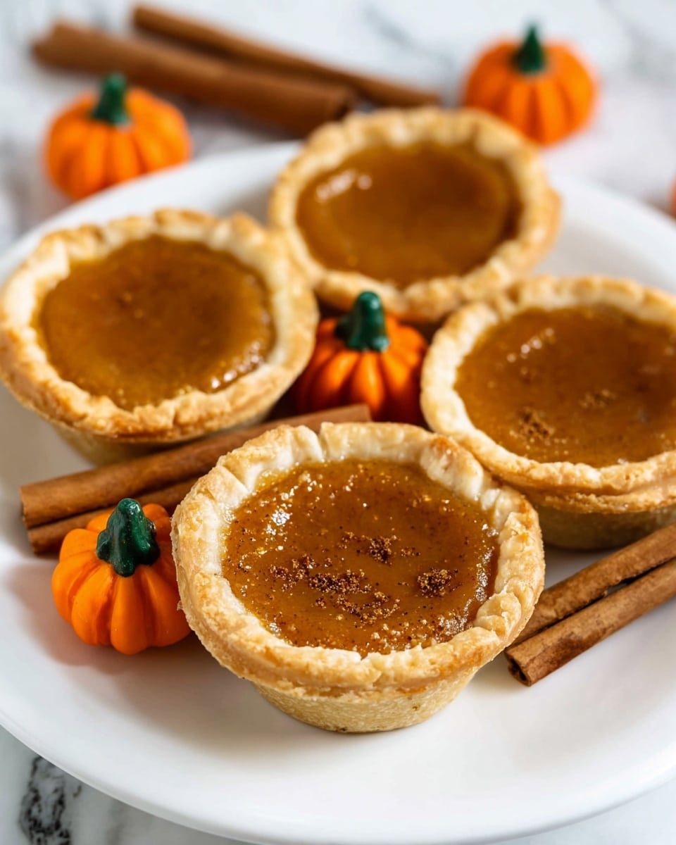 The image shows small pumpkin pies with golden, flaky crusts filled with smooth, deep orange pumpkin filling. Each pie is in a white plate with a subtle pattern. One pie in the middle is stacked on top of another and topped with a swirl of white whipped cream dusted lightly with brown spice. Around the pies, there are small, pumpkin-shaped candies with bright orange and green colors. The background has a white marbled texture. photo taken with an iphone --ar 4:5 --v 7