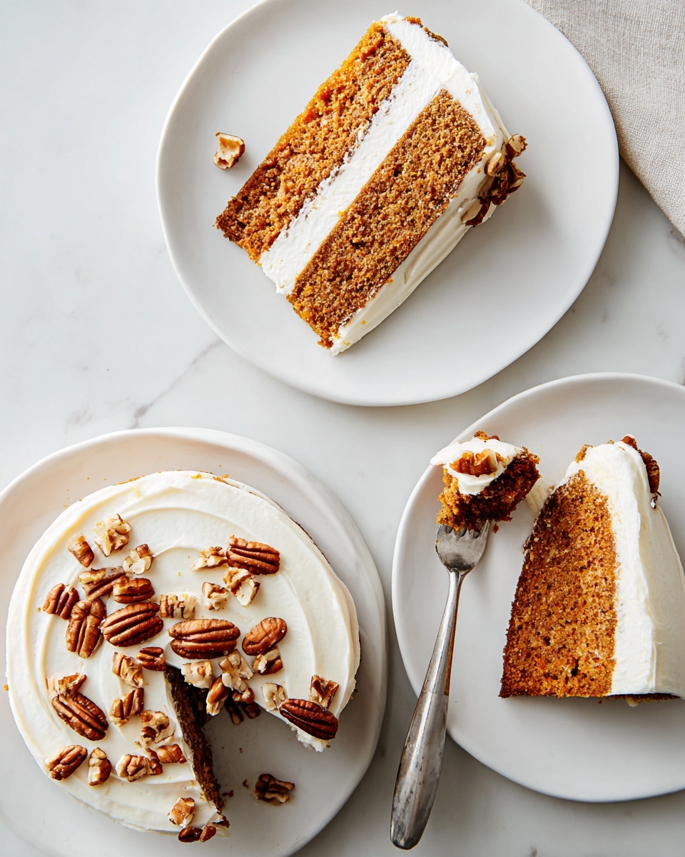 The image shows three slices of carrot cake on separate white plates on a white marbled surface. Each cake slice has three layers: two thick, moist orange-brown cake layers with a creamy white frosting layer in the middle. The top of each slice is covered with smooth white frosting, decorated with small pieces of pecans. One plate shows a slice being eaten with a silver fork holding a bite of cake with frosting. The overall look is clean and simple with warm cake colors contrasted by white frosting and a few scattered pecan bits. Photo taken with an iphone --ar 4:5 --v 7