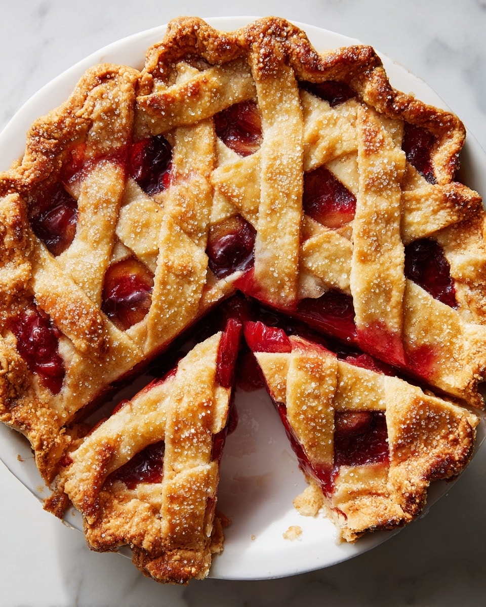 A round pie with a golden brown lattice crust made of thick, wide strips placed diagonally and overlapping each other. Through the lattice, you can see a shiny filling with dark red cherries and soft orange peach slices. The pie sits on a white marbled surface with a beige cloth underneath it, and there is a silver fork placed to the top right side of the pie. The crust looks flaky and slightly glossy from a brushed glaze photo taken with an iphone --ar 4:5 --v 7