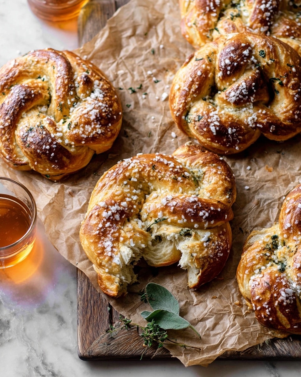 The image shows several round, golden-brown knotted breads with a rough texture on a sheet of parchment paper. Each knot is covered in coarse, white sesame seeds, and the surface looks soft and fluffy with visible small green herbs baked inside the bread. One bread is torn open in the middle, revealing a light, airy, pale inside with green leafy bits. A small sprig of fresh thyme lies next to the breads, adding a touch of green. There is a clear glass with amber liquid on the left side near the breads. The scene is set on a wooden board with a white marbled texture underneath. photo taken with an iphone --ar 4:5 --v 7