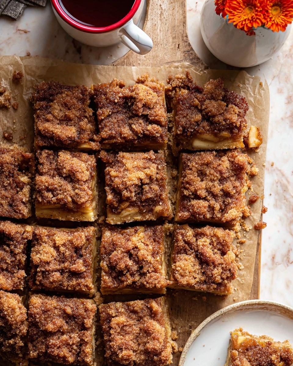 The image shows a group of nine brown square bars arranged close together on light brown paper. Each bar has a rough, crumbly top layer with a mix of darker and lighter brown colors, giving a textured appearance. Inside the bars, bits of lighter-colored ingredients peek through, adding a slight contrast. Around the bars, there are crumbs scattered on the paper. Near the top right corner, a white cup with a red handle holds small orange flowers. The scene is set on a white marbled surface. Photo taken with an iphone --ar 4:5 --v 7