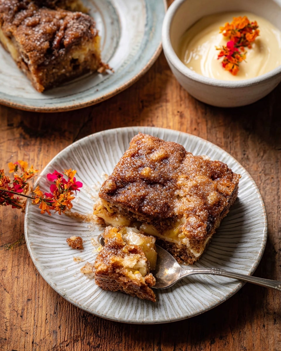 A white round plate with two pieces of brown crumbly cake, the top layer textured with a light dusting of white sugar or powder, and bits of soft, lighter interior seen on the edges; a vintage spoon holds a small piece of cake above the plate with a rough, crumbly texture. Next to the plate is a white cup with creamy butter and a bright orange flower on top, all set on a white marbled surface. Photo taken with an iphone --ar 4:5 --v 7