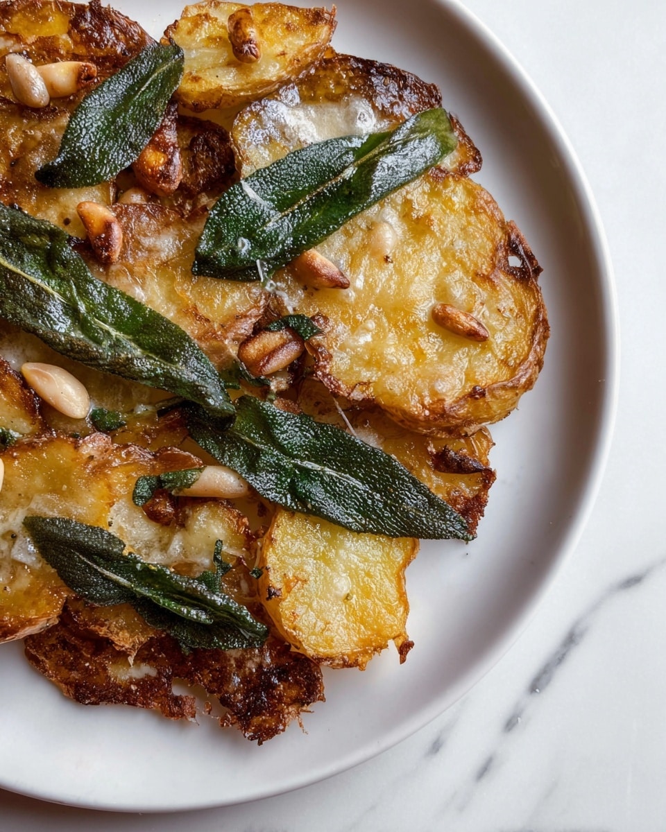 The dish shows three layers: a base of golden brown crispy smashed potatoes with wrinkled brown skin, a middle layer of dark green fried sage leaves with a glossy texture, and a top layer of small toasted pine nuts scattered around with light beige color. There is a light foam sauce drizzled over the potatoes and sage, adding a soft bubbly texture. All these ingredients are arranged on a white plate over a white marbled surface. photo taken with an iphone --ar 4:5 --v 7
