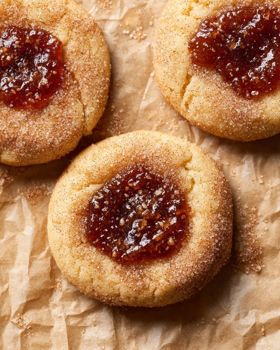 The image shows three small round cookies placed on crumpled parchment paper with a light tan color. Each cookie has a golden-brown crust that looks soft and slightly fluffy. On top of every cookie, there is a thick layer of dark brown jam filling in the center with a slightly sticky and shiny texture. The tops of the jam fillings are sprinkled with coarse sugar crystals that look sparkly and add a bit of texture. The cookies have a slightly uneven and rustic edge, giving them a homemade feel. The photo was taken close-up, showing the fine details of the sugar and jam, all set against the simple parchment background. photo taken with an iphone --ar 4:5 --v 7