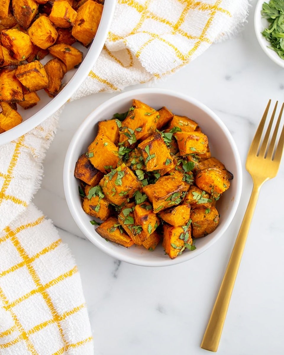 A small white bowl filled with bright orange roasted cubes, lightly browned and garnished with fresh green herbs, placed on a white marbled surface. To the left, part of another white bowl with the same roasted cubes is visible on a white cloth with yellow grid lines. On the right side of the bowl, there is a golden fork resting on the surface. The overall scene has a clean and bright look. photo taken with an iphone --ar 4:5 --v 7