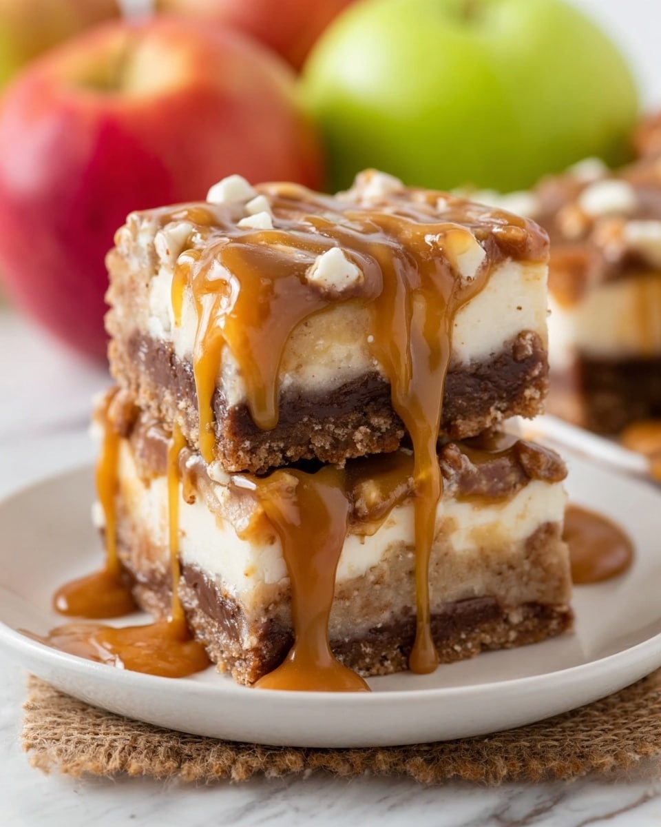 A stack of three dessert bars arranged on a white plate, each bar consisting of three layers: the bottom layer is golden brown and crumbly, the middle layer is creamy white with soft texture, and the top layer is a mix of dark chocolate and white chunks, all covered with a glossy amber caramel sauce dripping down the sides and pooling slightly on the plate; the background shows a blurred green apple and an orange cloth on a white marbled surface photo taken with an iphone --ar 4:5 --v 7