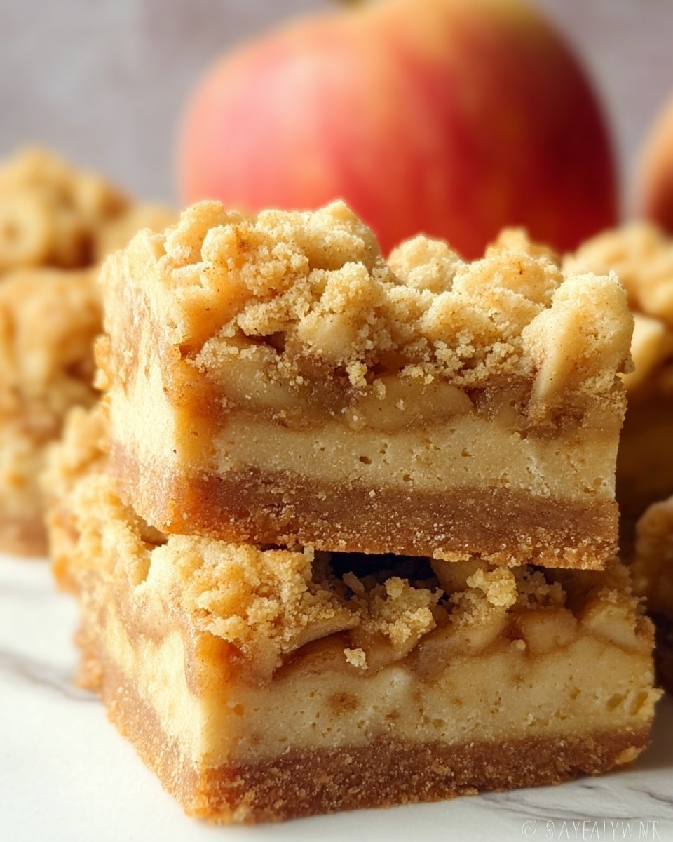 The image shows a close-up of a small square dessert bar with three layers. The bottom layer is thick and light brown, looking crumbly and firm like a shortbread base. The middle layer is thinner and appears to be soft with pieces of light-colored fruit mixed in, possibly apple, giving it a soft texture with light cream and tan tones. The top layer is thick and crumbly with uneven large crumbs, light beige and light brown in color, giving a rough texture. In the background, there are more pieces of this dessert and a blurred apple is visible. The dessert is placed on a white marbled surface. photo taken with an iphone --ar 4:5 --v 7