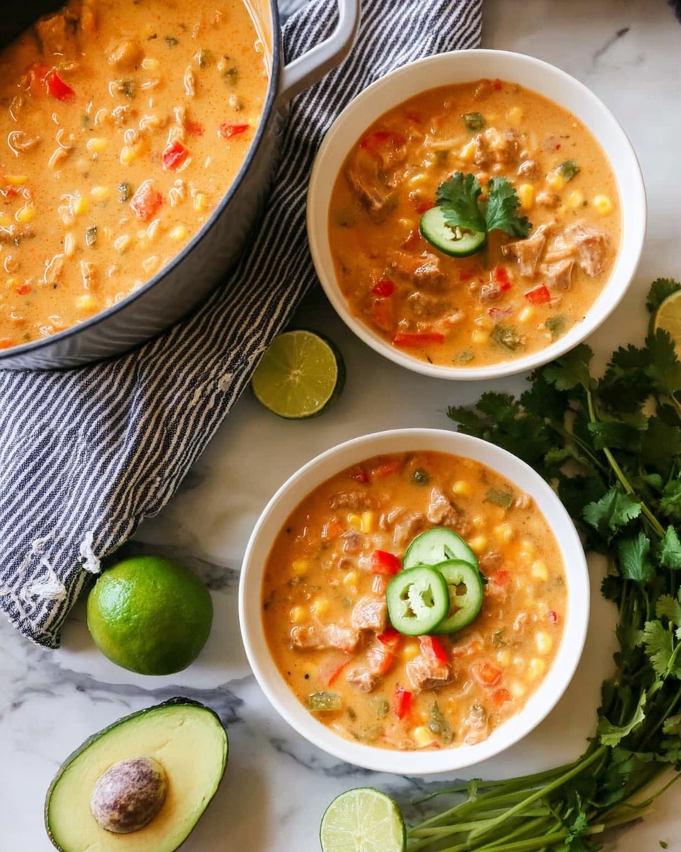 The image shows two white bowls filled with thick, creamy soup that has a mix of small chunks of vegetables like corn, red peppers, and green herbs, all in a light orange creamy base. There is a large pot on the left side filled with the same soup, with an orange spoon resting inside. Around the bowls are fresh green peppers, halves of lime, a small white bowl with chopped green herbs, and some fresh cilantro leaves placed on a white marbled surface. A striped cloth is partially under the pot. The photo taken with an iphone --ar 4:5 --v 7