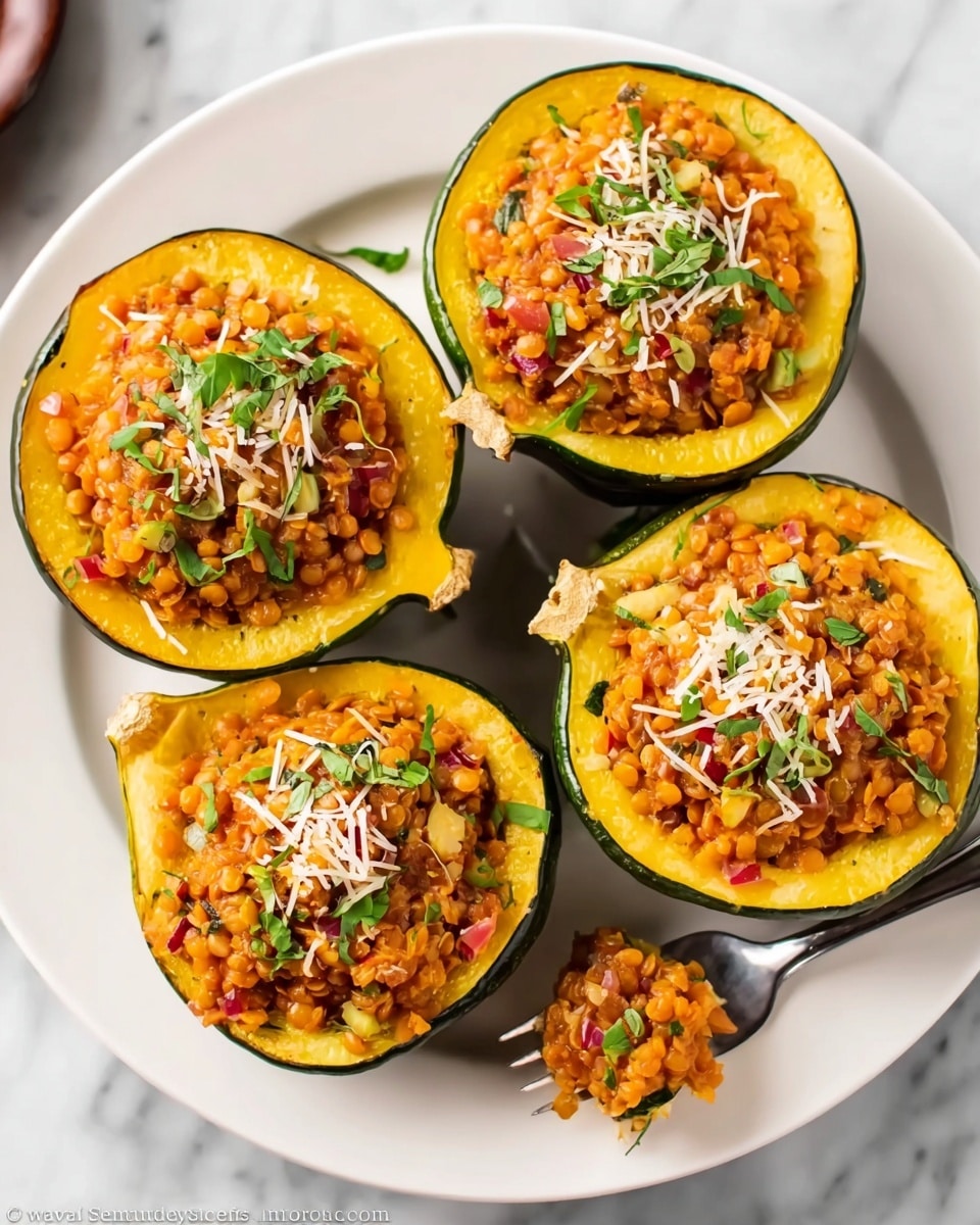 The image shows four large, round yellow squash halves filled with a brownish-orange mixture of lentils and small vegetable pieces, topped with green herbs and shredded white cheese. The squash shells have dark green edges, and the filling sits slightly above the edge of each shell. One half has a fork nearby with a small portion of the filling resting on its tines. All squash halves are arranged closely together on a large white oval plate placed on a white marbled surface. There is a glimpse of a small bowl with green herbs blurred in the background. Photo taken with an iphone --ar 4:5 --v 7