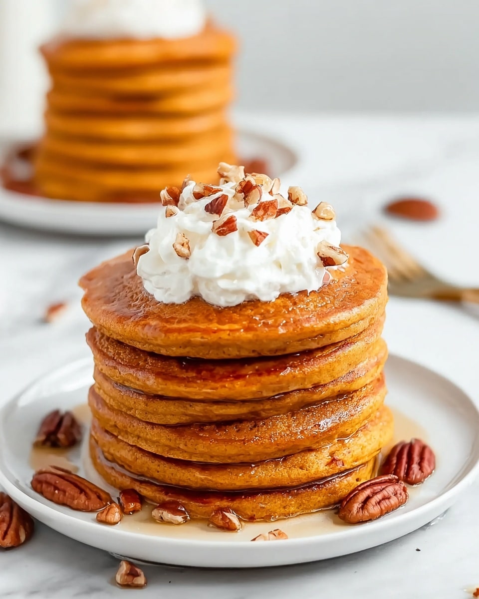 A stack of six thick, golden-brown pancakes sits in the center of a white plate, each pancake showing a slightly crispy texture on the edges with a soft, fluffy middle. A small pile of whipped cream sits on top, topped with small pieces of chopped pecans scattered over it. There are a few pecans placed on the white marbled surface near the plate. In the blurred background, there is another stack of pancakes and a small white bowl filled with more whipped cream, all on a white marbled surface. A fork is partially visible on the right side of the plate. photo taken with an iphone --ar 4:5 --v 7