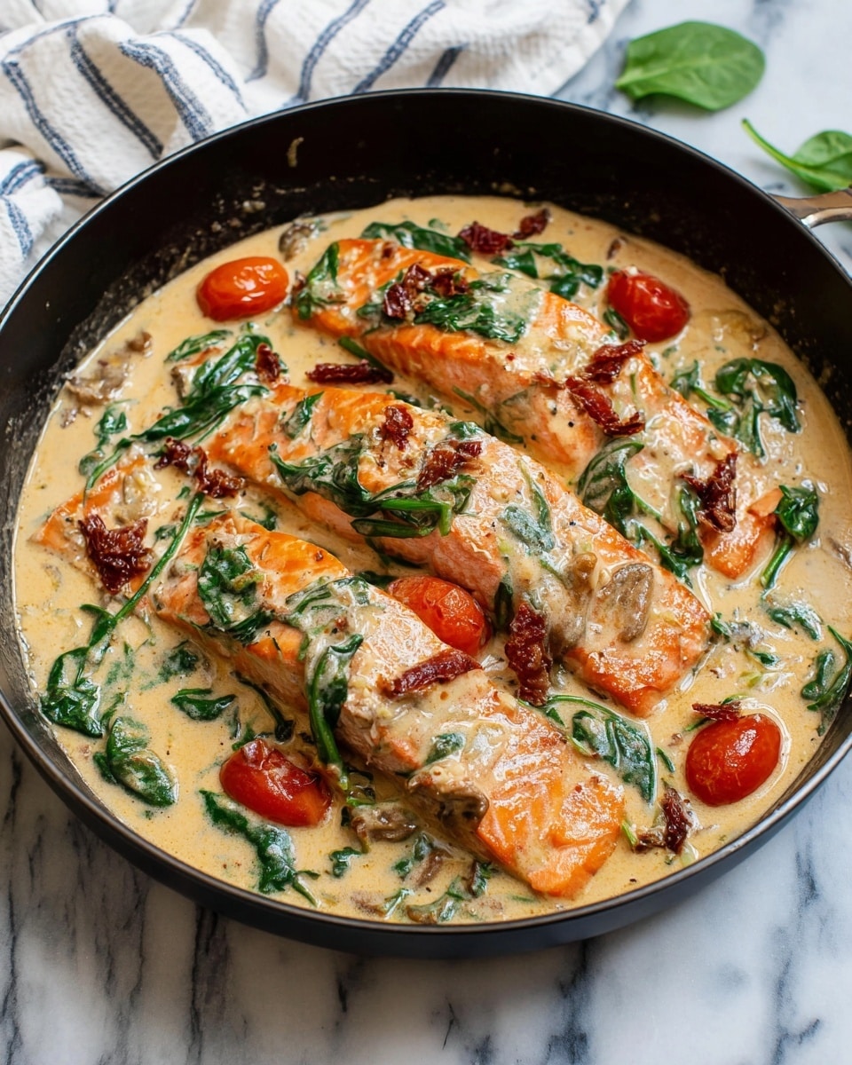 The image shows three thick pieces of cooked salmon, each covered with a creamy light beige sauce mixed with fresh green spinach leaves and small slices of mushrooms. The salmon is in a white pan, and the sauce partially covers bright red cooked cherry tomatoes scattered around. The sauce has a smooth texture with small bits of spices visible, and the salmon has a light orange color with slight browning on the edges. The background has a white marbled texture. photo taken with an iphone --ar 4:5 --v 7