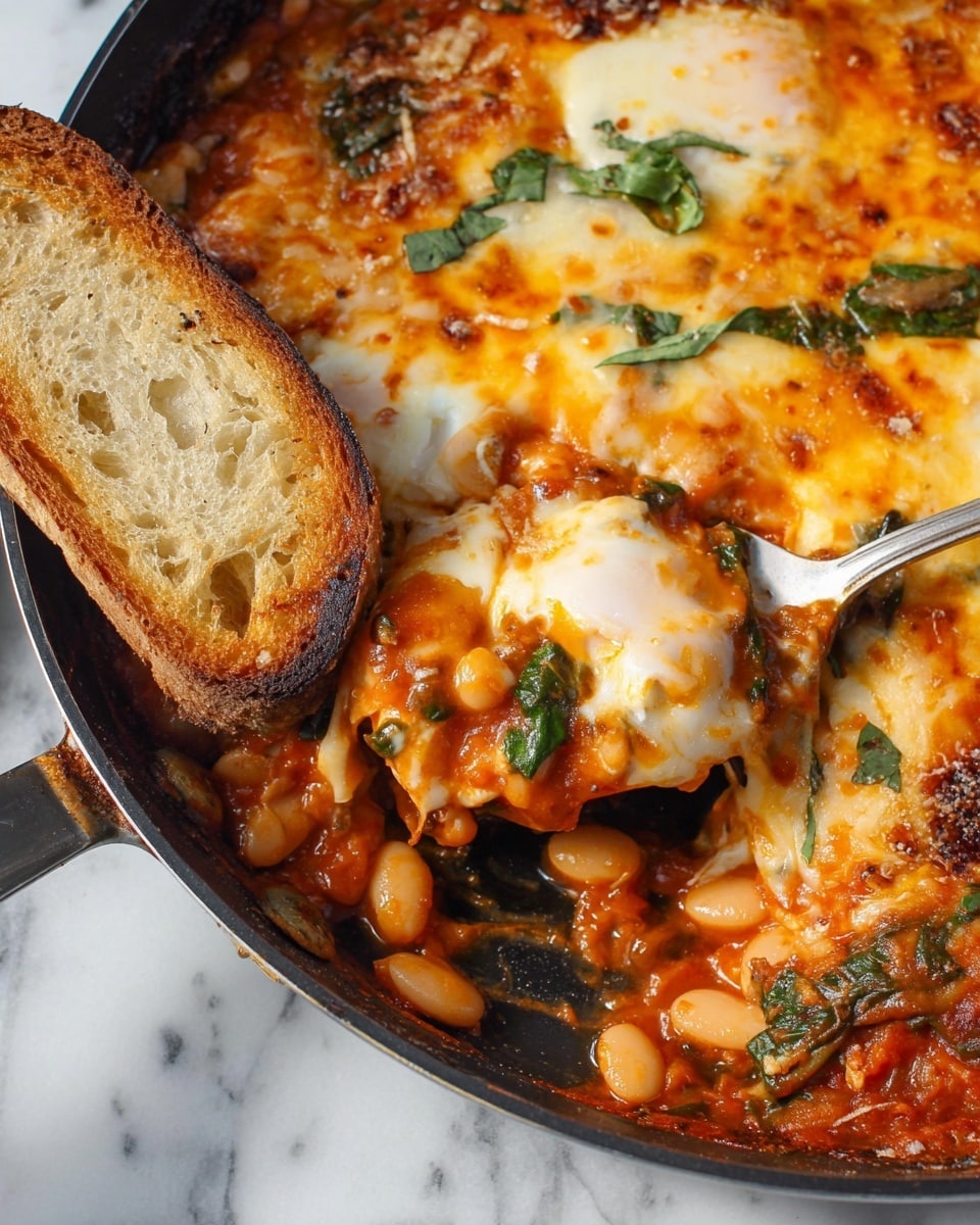 A close-up view of a baked dish in a black pan with two metal spoons scooping a portion. The dish has three visible layers: the bottom layer is a red tomato sauce with white beans mixed in, the middle layer shows wilted green spinach leaves, and the top layer is a golden brown melted cheese with some browned spots. A slice of light brown toasted bread rests on the side, slightly touching the food. Thin strips of fresh green basil are scattered on top of the cheese. The background is a white marbled texture. photo taken with an iphone --ar 4:5 --v 7