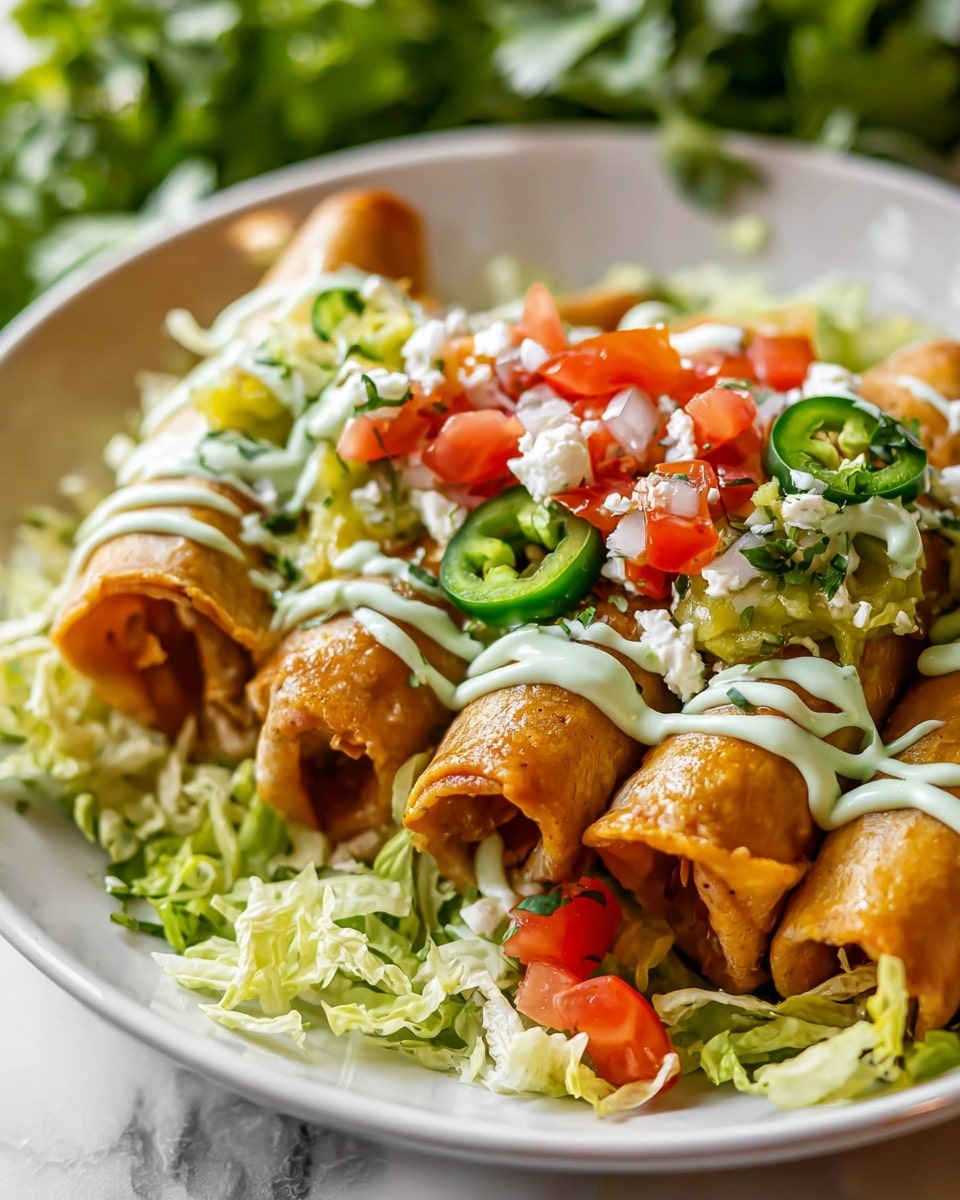 The image shows a white plate filled with multiple rolled, golden-brown taquitos arranged closely in layers. Each taquito is topped with thin green jalapeño slices, drizzled with light green sauce and white sour cream sauce in thin lines. On top, there are small white cheese bits and a colorful layer of fresh red tomato salsa with green herbs. Underneath the taquitos, there is a bed of shredded green lettuce mixed with bits of red tomato and white onion. The whole plate rests on a white marbled surface with a blurred bowl of green salad in the background. Photo taken with an iphone --ar 4:5 --v 7