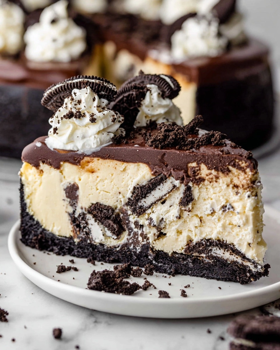 A close-up view of a thick slice of layered cheesecake on a white plate with a white marbled surface beneath it. The bottom layer is a dark chocolate cookie crust with a rough texture. Above that is a creamy, light beige cheesecake layer embedded with chunks of crushed dark chocolate cookies throughout, creating a spotted pattern. The top layer is a smooth, thick layer of dark chocolate ganache with a slightly shiny, rich texture. On top of the ganache are dollops of white whipped cream, some of which are topped with pieces of broken dark chocolate cookies, adding a crumbly contrast. Crumbles of dark chocolate cookies are scattered around the plate near the slice. Photo taken with an iphone --ar 4:5 --v 7
