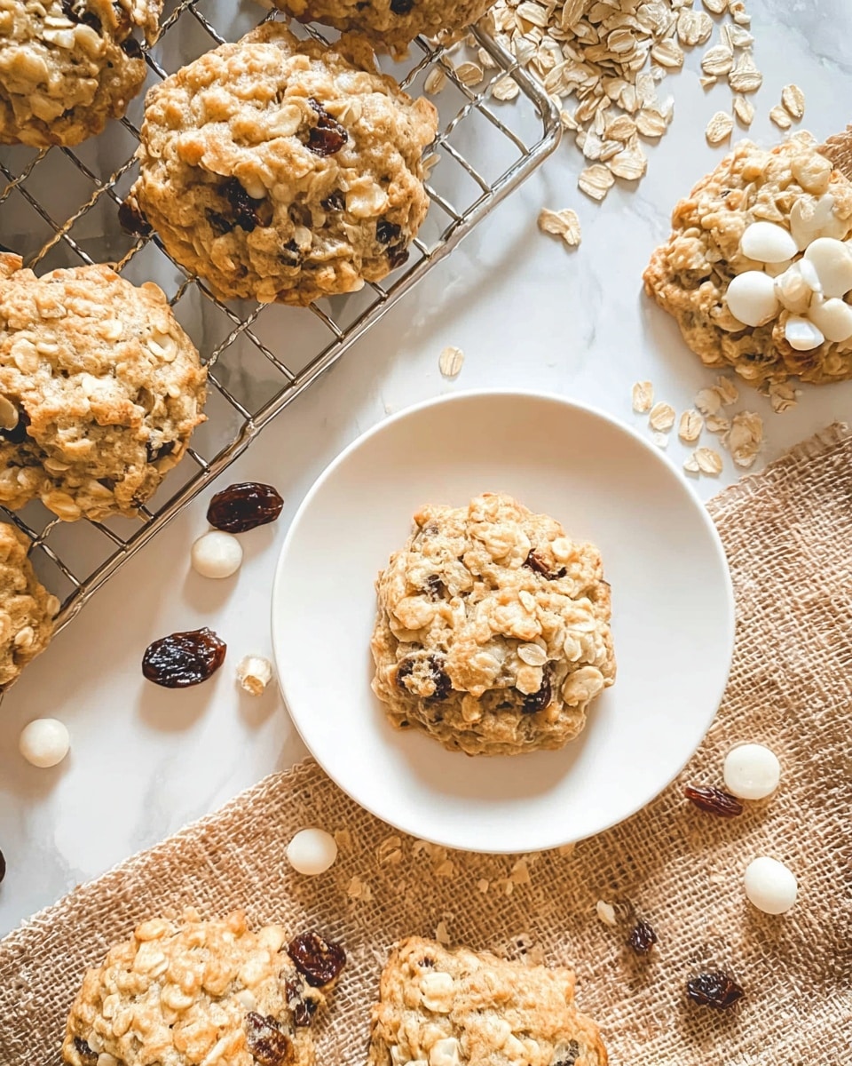 The image shows several oatmeal raisin cookies, with one cookie placed on a white plate positioned on the lower right, and the rest laid out on a metal cooling rack toward the left side. The cookies are light golden brown with scattered dark raisins and a rough, bumpy texture from oats. Around the plate and rack, loose oats and raisins are spread over a white marbled surface. There is also a string of round, light wooden beads diagonally placed near the plate. Photo taken with an iphone --ar 4:5 --v 7