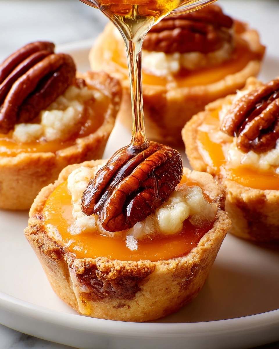 A close-up view of mini tarts on a white plate with a white marbled background. Each tart has three layers: a golden-brown crust forming the cup, a bright orange pumpkin filling in the middle, and a melted creamy layer on top of the filling. On the creamy layer sits a whole toasted pecan, rich brown with textured ridges. Above the pecan, golden syrup is being poured slowly from a clear glass container, creating a shiny, sticky effect on the pecan and filling. The tarts have slightly crinkled crust edges, adding texture and warmth to the image. Photo taken with an iphone --ar 4:5 --v 7