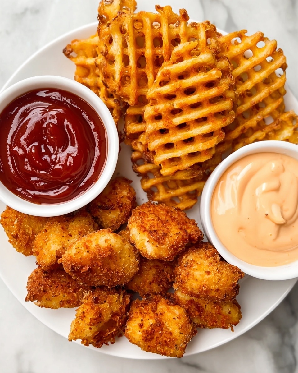 A white rectangular plate holds a pile of golden-brown crispy nuggets with a rough texture, stacked in the center. Behind the nuggets are two small round white bowls, one filled with smooth, bright red ketchup on the left and the other with a creamy light beige sauce on the right. The plate rests on a white marbled surface that gives a clean, bright background to the food photo taken with an iphone --ar 4:5 --v 7