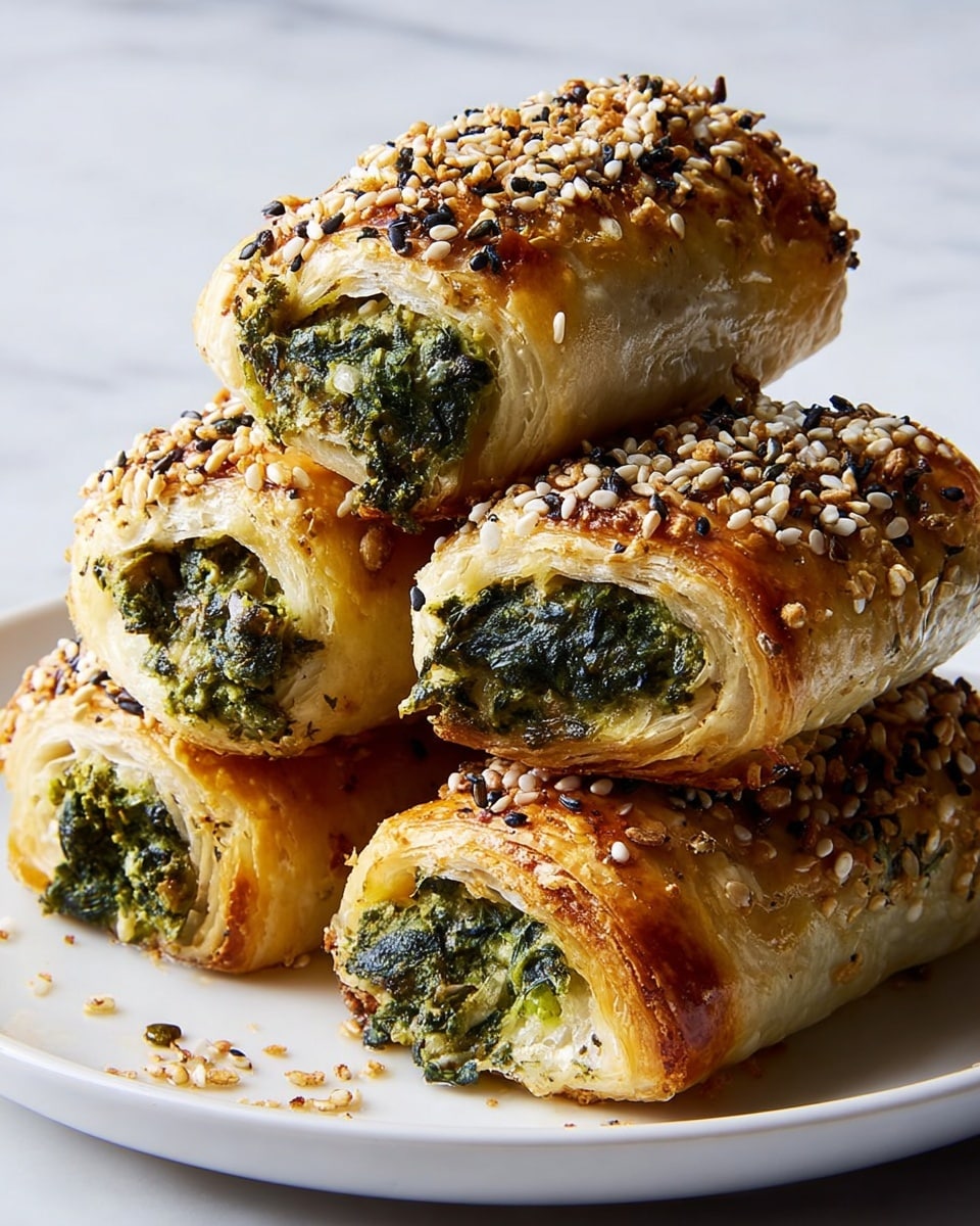 The image shows several golden-brown puff pastry rolls on a white marbled surface, each topped with a mix of toasted sesame seeds and spices that create a speckled dark and light pattern. The rolls are rectangular, with flaky layers visible on the edges. Some of the rolls have green spinach and melted cheese filling oozing slightly out from the sides, showing creamy and textured green layers inside. One roll is broken in the center display, revealing a thick layer of green spinach and creamy white cheese inside. Scattered around the rolls on the surface are bits of toasted seeds and spices, adding texture and color contrast. Photo taken with an iphone --ar 4:5 --v 7