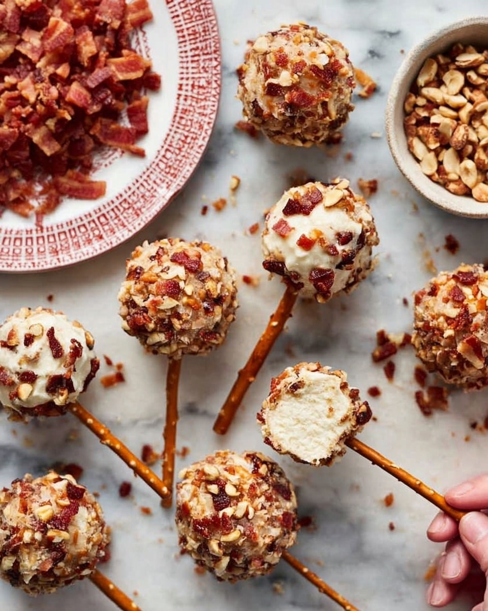 The image shows several small round cheese balls, each covered in either chopped nuts or crushed bacon bits, arranged on a white marbled surface. Each cheese ball has a thin, crunchy pretzel stick stuck into it, standing upright. The cheese balls covered with nuts are light beige with textured, uneven pieces, while the ones covered in bacon bits are reddish and crumbly. On the side, there are two small white bowls, one filled with crushed bacon bits and the other with chopped nuts. The overall look is a mix of creamy, crunchy, and colorful textures, all laid out on the white marbled background. Photo taken with an iphone --ar 4:5 --v 7