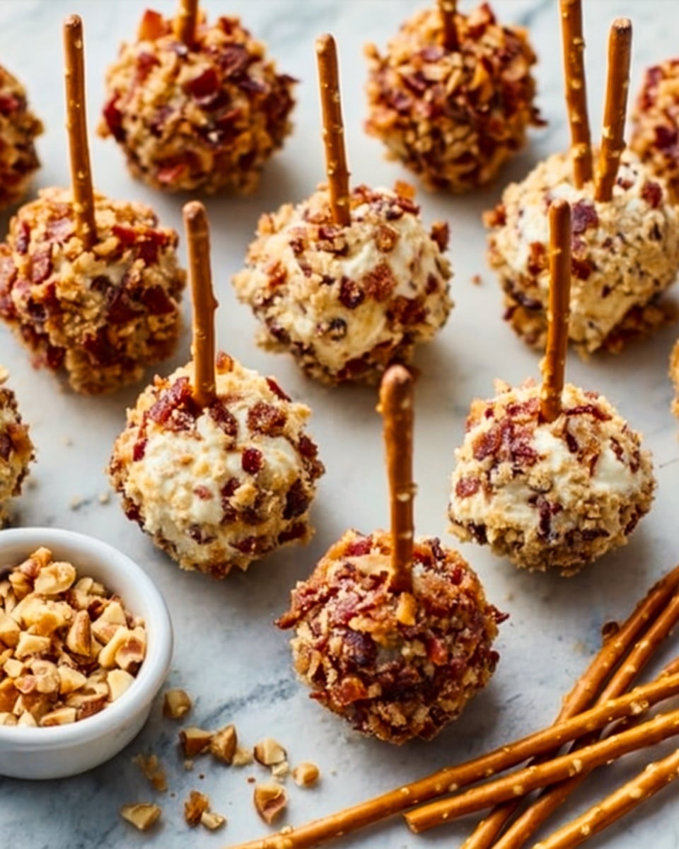 The image shows small round cheese balls stuck on pretzel sticks, placed on a white marbled surface. The cheese balls come in two types: some are covered with light brown chopped nuts, giving them a rough texture, while others are coated with a reddish, crumbly topping that looks like small bits of bacon or spices. The cheese balls are arranged scattered but closely together, with an extra bunch of pretzel sticks lying flat near the bottom right corner, and a small white bowl with blue patterns filled with chopped nuts sitting on the left side. The scene is clear and bright, looking fresh and ready to eat. Photo taken with an iphone --ar 4:5 --v 7