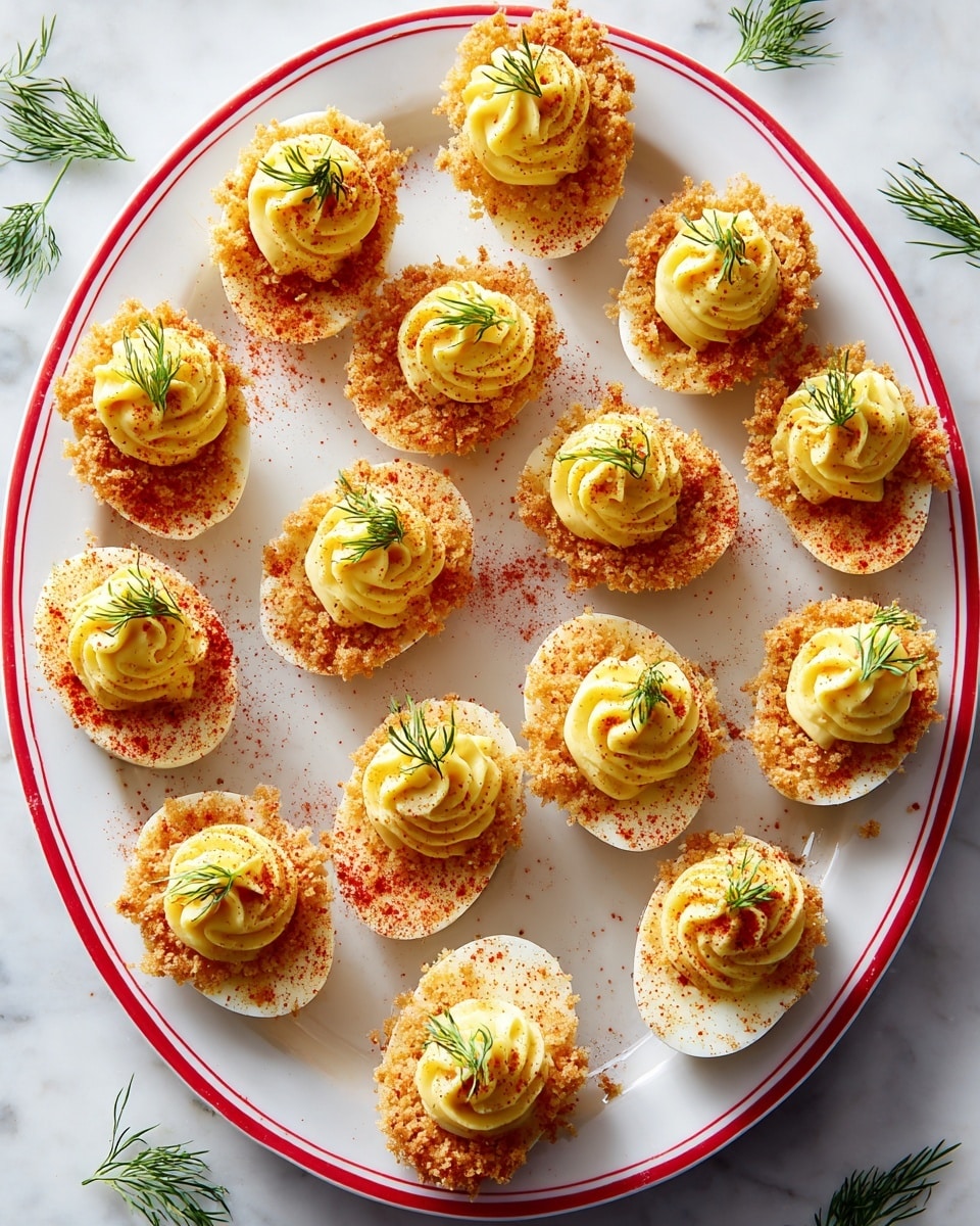 The image shows a white plate with a thin red edge, holding fifteen small pieces of food that look like deviled eggs. Each piece has a base layer of light brown crispy crumbs, topped with a swirl of smooth yellow creamy mixture sprinkled with a bit of red powder. On the top of each swirl, there is a small green sprig of dill. The plate is placed on a white marbled surface, and small green dill pieces are scattered around the plate for decoration. Photo taken with an iphone --ar 4:5 --v 7