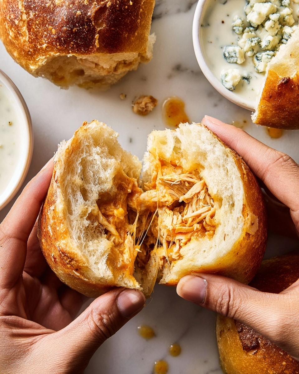 A close-up of a pair of hands pulling apart a golden brown bread roll filled with shredded chicken and melted cheese, showing the soft, fluffy texture of the bread and the gooey cheese stretching between the two halves. The bread has a slightly crispy and browned outer crust with a light, airy inside. Around the bread roll, there are more pieces of similar bread and a white bowl filled with a creamy white sauce topped with small chunks of blue cheese, all placed on a white marbled surface. Photo taken with an iphone --ar 4:5 --v 7
