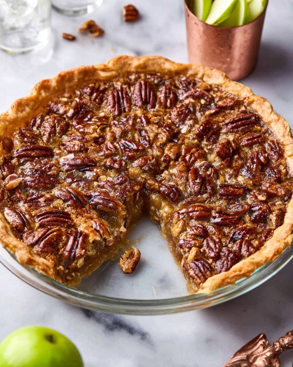 A round pecan pie with one visible layer, consisting of a golden-brown, flaky crust outer edge, filled with a glossy, caramel-colored filling topped with whole toasted pecans arranged closely together covering the entire surface; the pie is on a clear glass pie dish set on a white marbled surface. Nearby, a small white bowl holds more whole pecans, and sliced green apples are placed next to the bowl. A white, scalloped plate is partly visible in the upper left corner. photo taken with an iphone --ar 4:5 --v 7