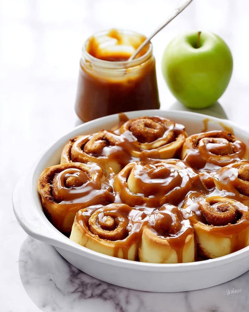A close-up view of a white round dish filled with seven soft, swirled cinnamon rolls arranged tightly in one layer. Each roll has a golden-baked dough base with a visible cinnamon filling inside the spiral layers. The rolls are generously covered with a shiny, thick caramel sauce that drips down their sides, giving a glossy and sticky texture. The dish sits on a white marbled surface. photo taken with an iphone --ar 4:5 --v 7