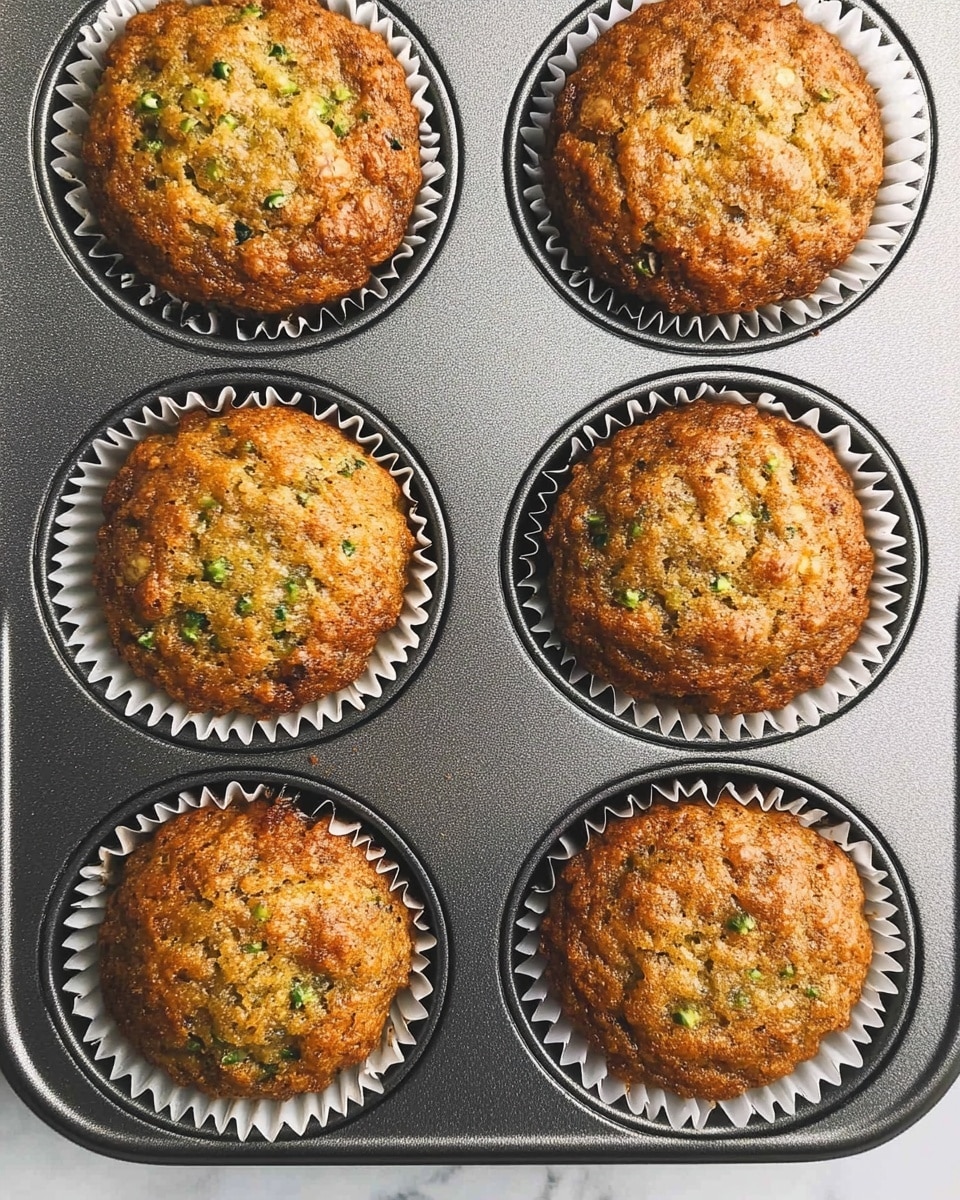 The image shows six golden-brown muffins in a gray metal muffin tray, each one in white paper liners. The muffins have a rough texture with small green and darker specks visible throughout, suggesting the presence of finely chopped vegetables or herbs. The muffins have a domed top with a slightly cracked surface that looks soft and moist. The shot is close-up, focusing on the muffins with a clean white marbled background visible around the tray. photo taken with an iphone --ar 4:5 --v 6.1