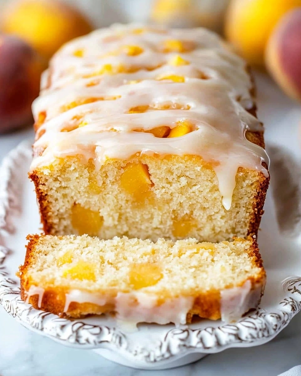 A loaf cake with a golden brown crust sits on an ornate white plate, topped with a smooth, thick white icing that drips slightly down the sides. The icing has a soft, glossy texture with light yellowish streaks. Behind the cake, there are three whole peaches with a mix of yellow and red shades, resting on a rustic wooden surface. The scene is bright and inviting, showing the soft, moist texture of the cake beneath the creamy icing. photo taken with an iphone --ar 4:5 --v 6.1