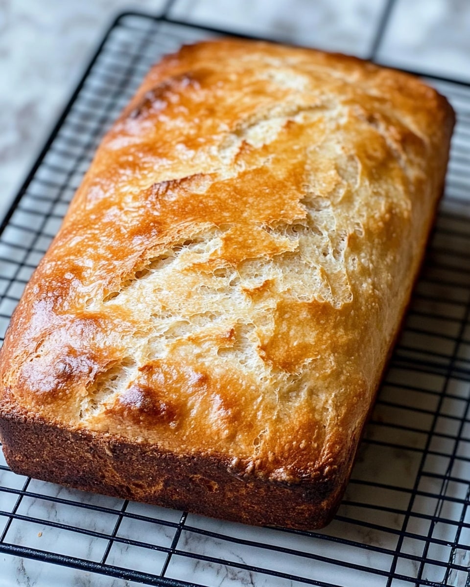 The image shows a rectangular loaf of bread with a golden-brown crust and a slightly cracked top surface. The edges are darker brown, indicating a baked texture, while the top is lighter golden with visible uneven cracks. The bread sits on a black round wire cooling rack, placed on a white marbled surface that shows subtle grey veins. Photo taken with an iphone --ar 4:5 --v 6.1
