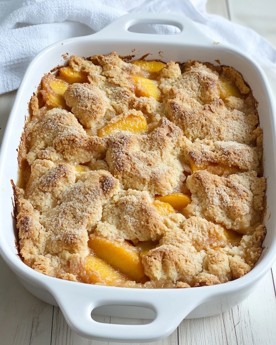 A white baking dish filled with a baked dessert showing a top layer made of golden brown, crumbly pieces of bread or dough, scattered unevenly with soft, warm-looking slices of orange fruit peeking through. The texture on top looks toasted and slightly crisp, while the parts beneath seem soft and moist. The dish is placed on a wooden flat surface with a white marbled texture in the background and a cream-colored cloth draped to the left side. Photo taken with an iphone --ar 4:5 --v 6.1