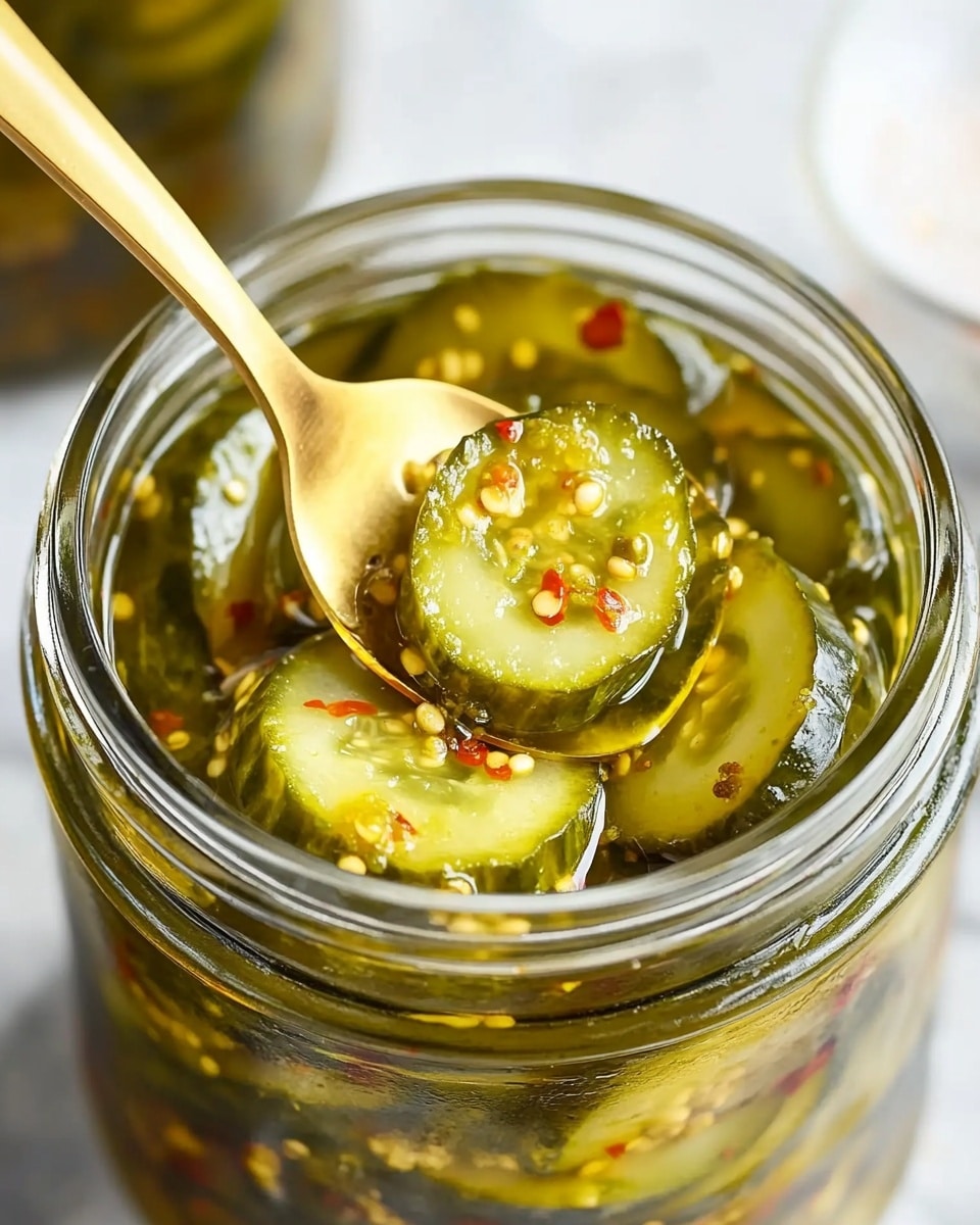 A clear glass jar filled with several layers of thin, round pickle slices in a light green-yellow brine with small seeds and spices visible throughout. The jar is open with the silver lid placed nearby on a white marbled surface. In the background, there are three more closed glass jars filled with the same pickles, each topped with a silver lid. A white cloth with a textured pattern is partially visible to the side. The whole scene is bright and clean. photo taken with an iphone --ar 4:5 --v 6.1