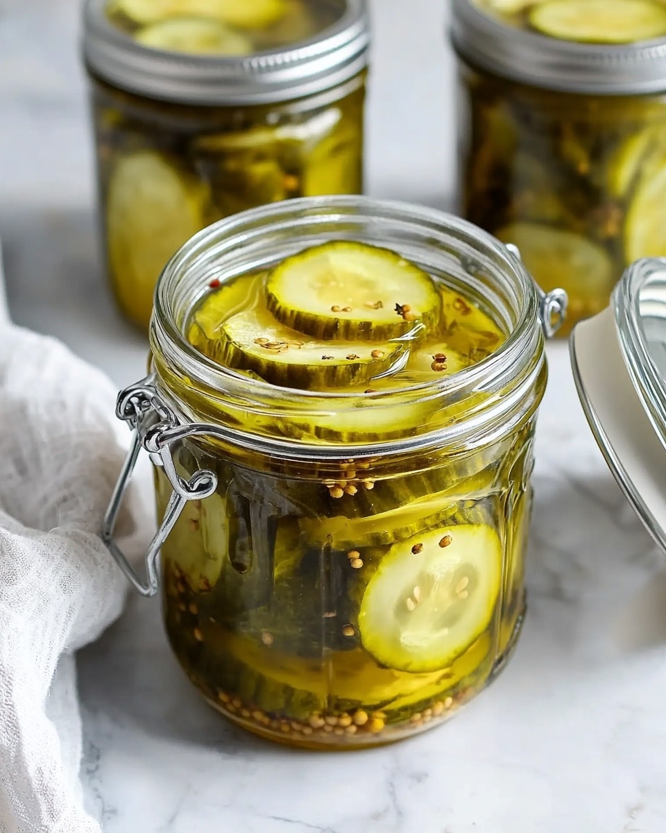 A large silver pot filled with thin, round slices of green cucumber and long, thin white onion strips suspended in a clear, golden liquid with visible small round yellow mustard seeds floating throughout. The surface shows a slight shimmer as the pot rests on a black stovetop, all set against a white marbled texture background. photo taken with an iphone --ar 4:5 --v 6.1