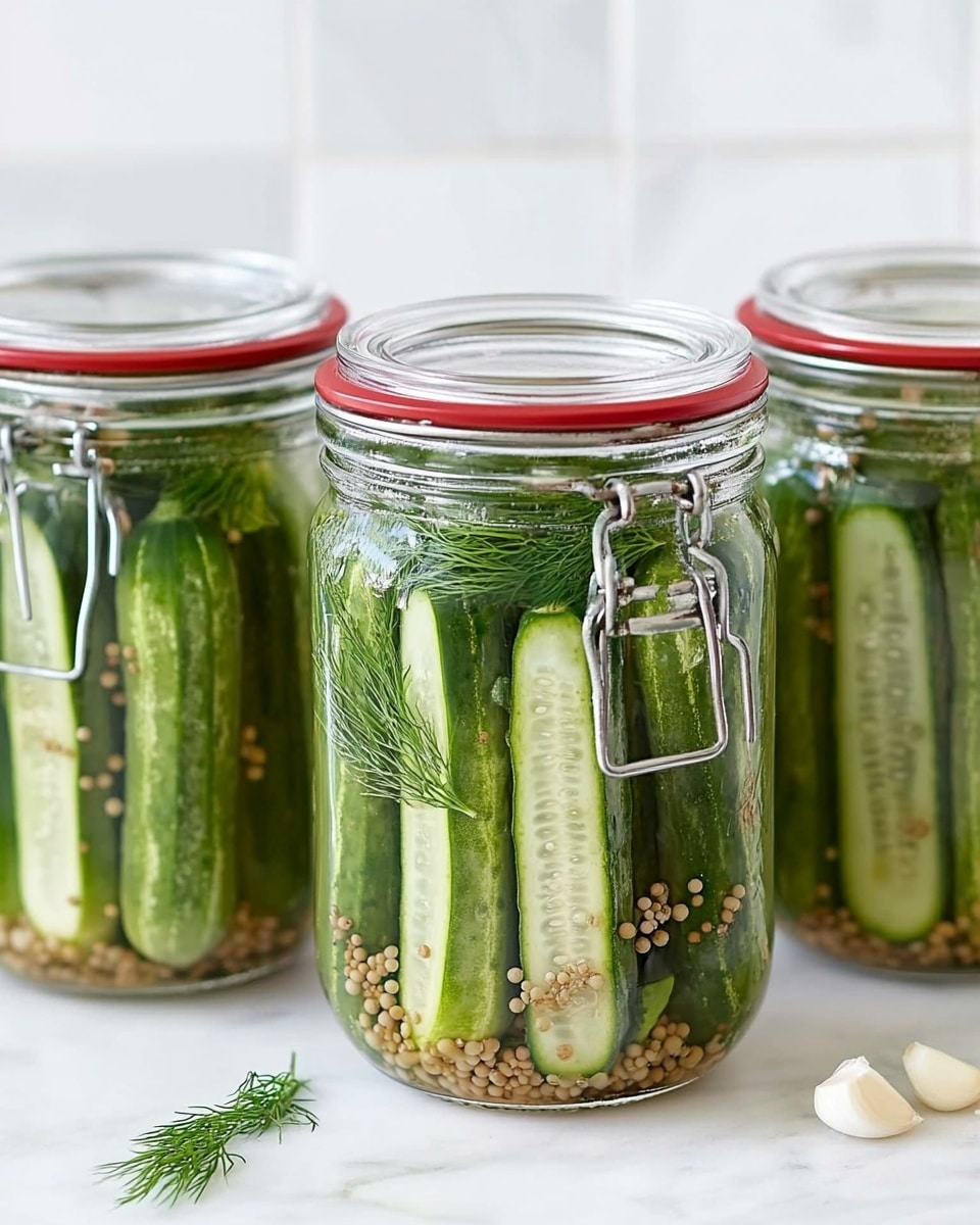 Four clear glass jars are lined up on a white marbled surface against a white tiled background. Each jar is filled with vertically placed green cucumber spears showing different shades of green, some with seeds visible. Inside the jars, sprigs of dill and whole cloves of garlic add texture with their fine leaves and smooth, white cloves. A woman's hand pours clear liquid from a clear measuring cup into the second jar from the right, with the liquid mid-pour. The jars have embossed writing on the front, adding subtle detail. Photo taken with an iphone --ar 4:5 --v 6.1