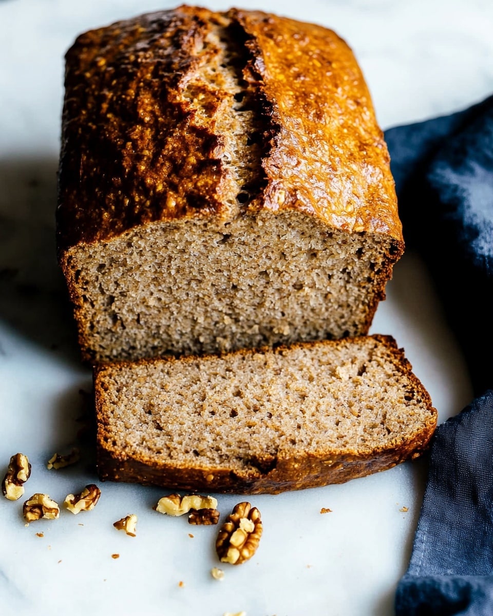 A loaf of bread with a shiny golden-brown top crust sits on a white marbled surface. Two slices are cut from the front, showing a soft, light brown inside dotted with small pieces of nuts. The edges of the bread are slightly darker and firm. A dark blue cloth is partly visible on the right side of the image. A few small crumbs are scattered near the bread. Photo taken with an iphone --ar 4:5 --v 6.1