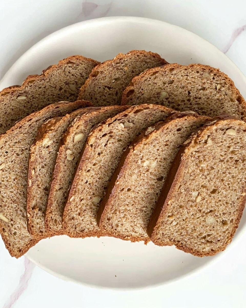 The image shows a row of nine slices of banana bread arranged diagonally on a white plate with rounded edges. Each slice has a golden-brown outer crust and a light brown, moist interior dotted with small dark spots, indicating the presence of banana and possibly nuts or seeds. The texture appears soft and slightly crumbly. The slices are evenly cut and laid out in a slightly overlapping manner on a white marbled surface. Photo taken with an iphone --ar 4:5 --v 6.1